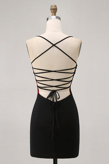 Black Bodycon Spaghetti Straps Cocktail Dress with Beading
